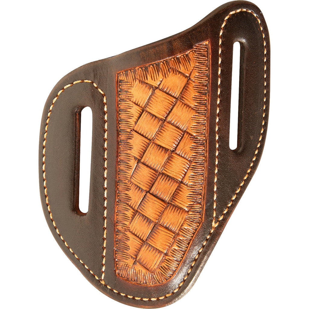dark brown knife sheath with light basket weave in the center.