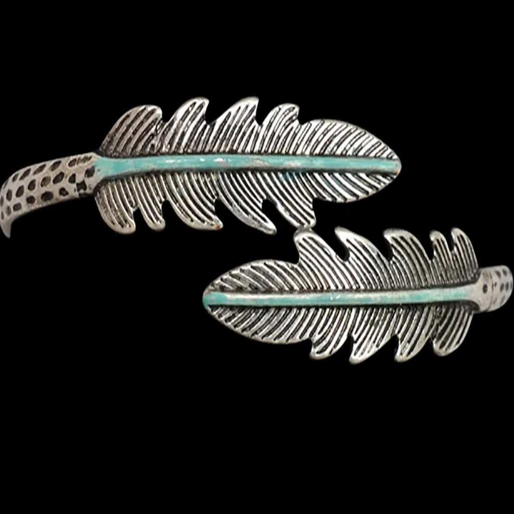 Close up view of Antique Silver & Turquoise Feather Bracelet