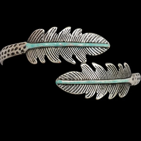 Close up view of Antique Silver & Turquoise Feather Bracelet