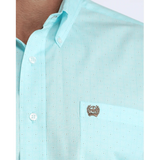 White buttons, aqua color with print, brown cinch logo embroidery 