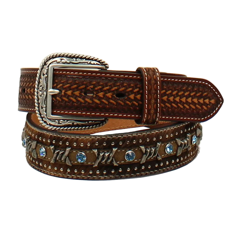 Ariat 1 1/2 Inch Calf Hair Barbwire Knots Turquoise Accents Brown Belt