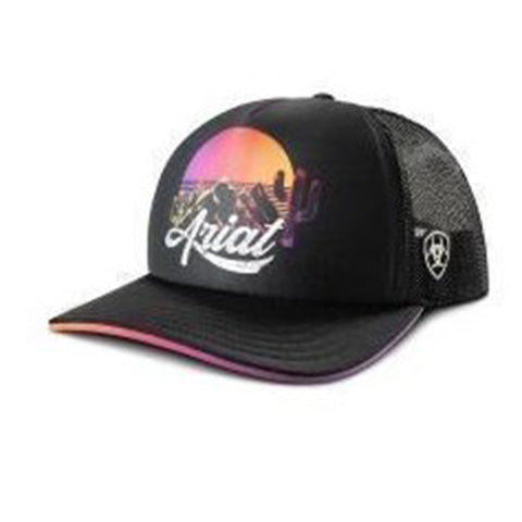 black cap with sunset ariat logo and sunset colored 