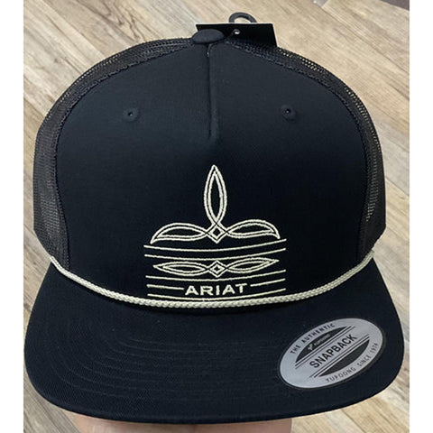 Black Snapback Cap with Boot Stitching and Rope Trim