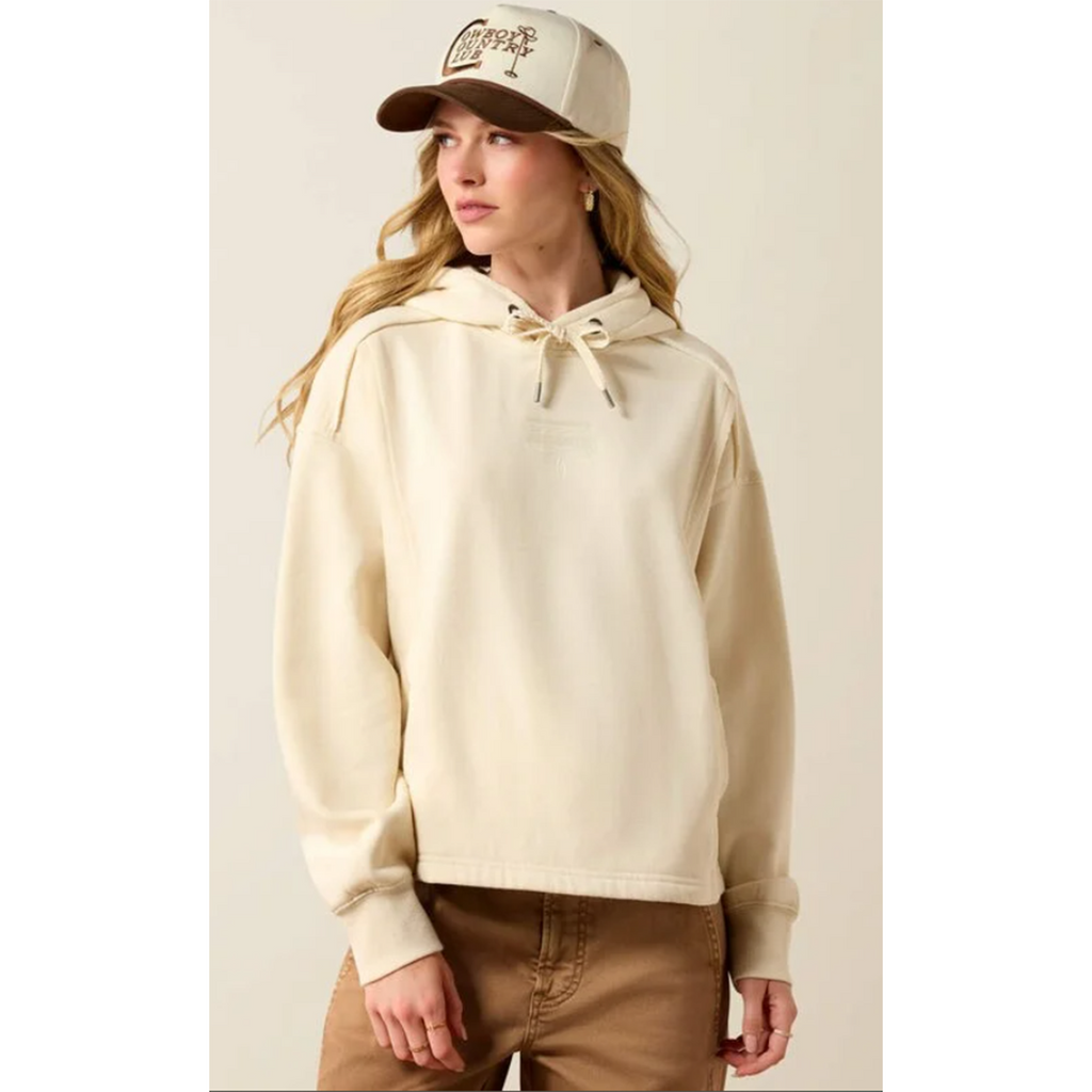 Cream hoodie that ties at the hood, hand pockets 