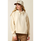 Cream hoodie that ties at the hood, hand pockets 