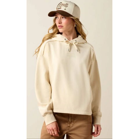 Cream hoodie that ties at the hood, hand pockets 