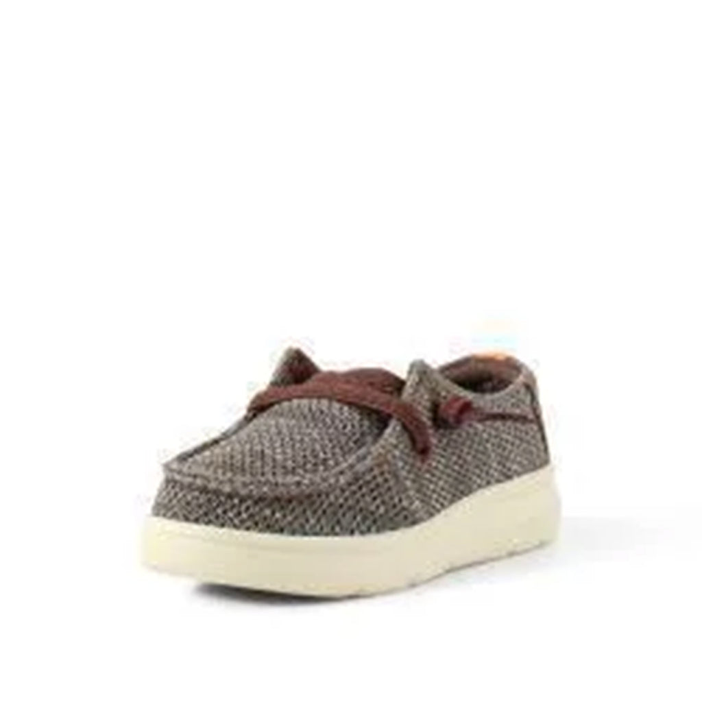 Front and side view of Ariat Infant's Brown Hilo Aztec Stompers 