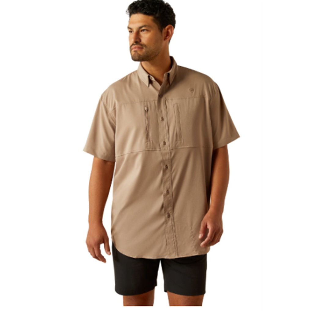 short sleeve, button down, taupe grey color, zip chest pocket, ariat brand 