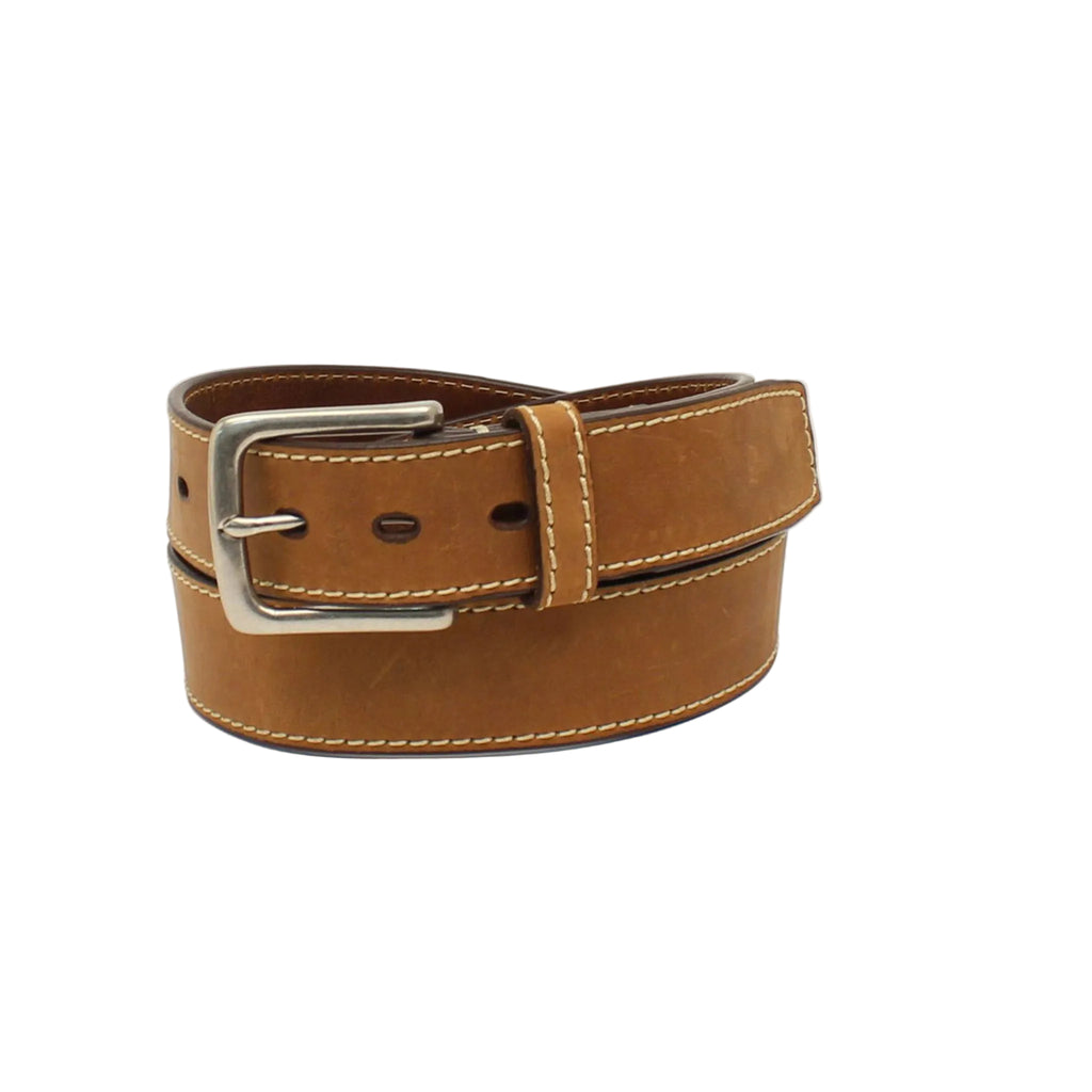Coiled up view of medium brown embossed belt. 