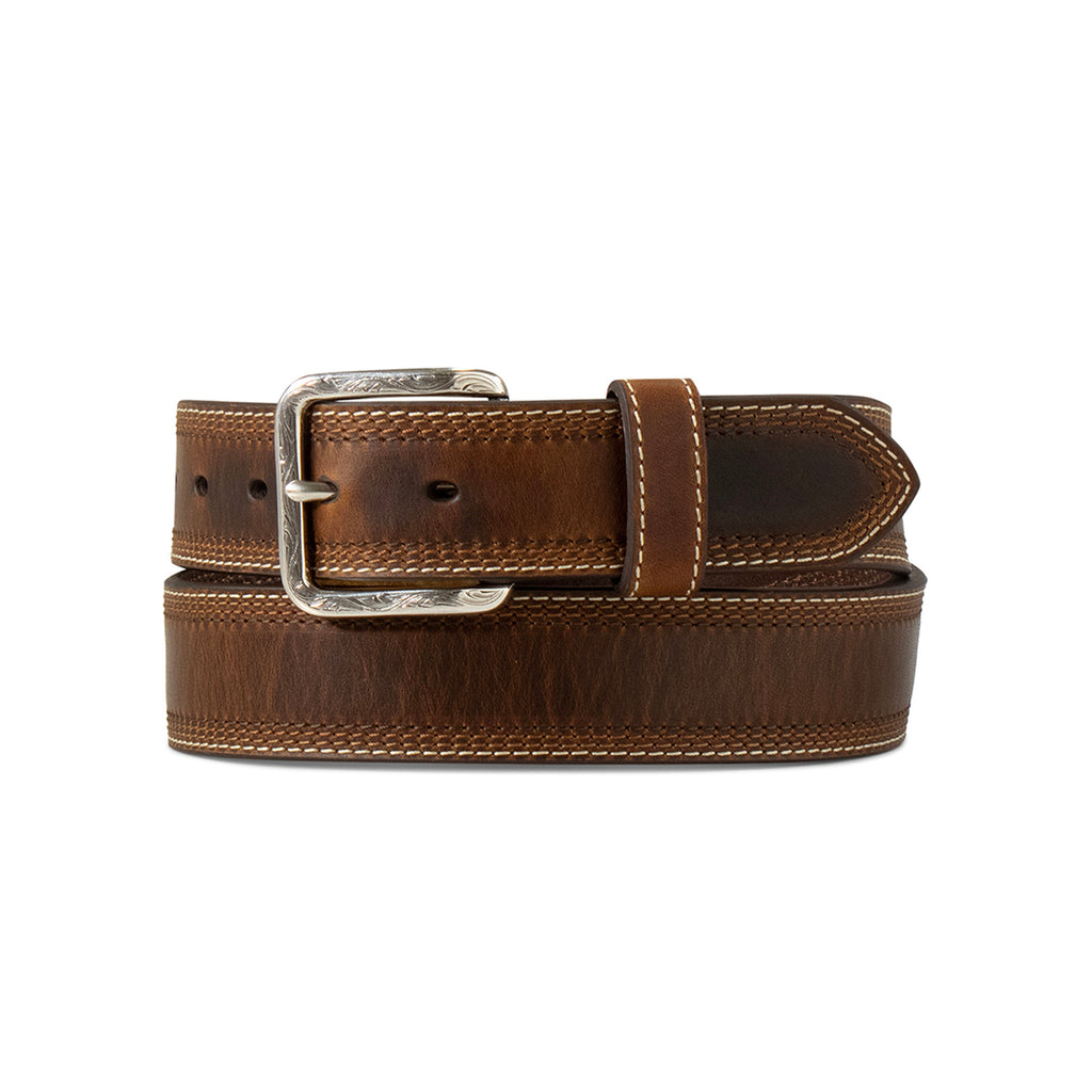 Coiled up view of the Ariat Brown Four Row Stitch Belt.