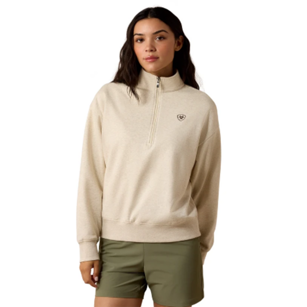 1/4 zip with Ariat logo on left side, oatmeal color 