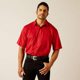 Red short sleeve with black aztec pattern.
