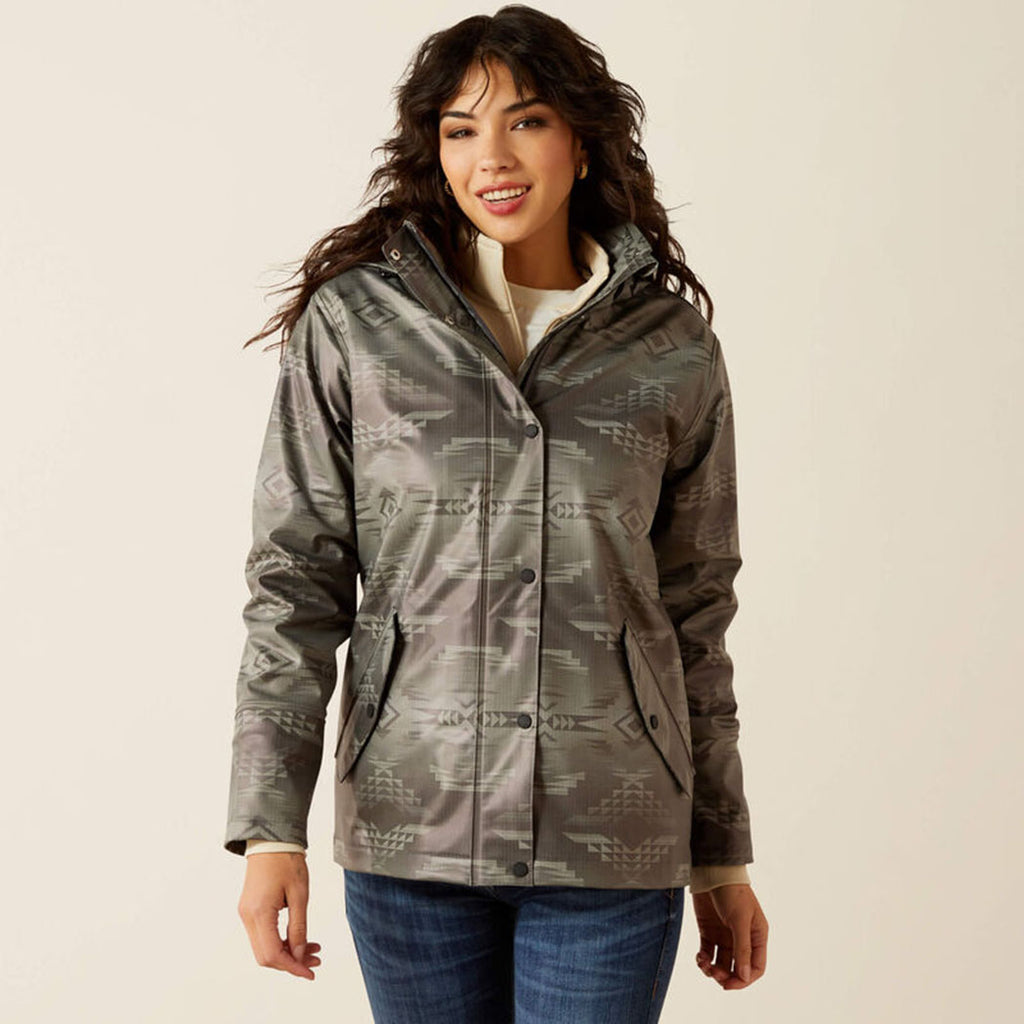 Pattern grey rain coat with zip and button closure 