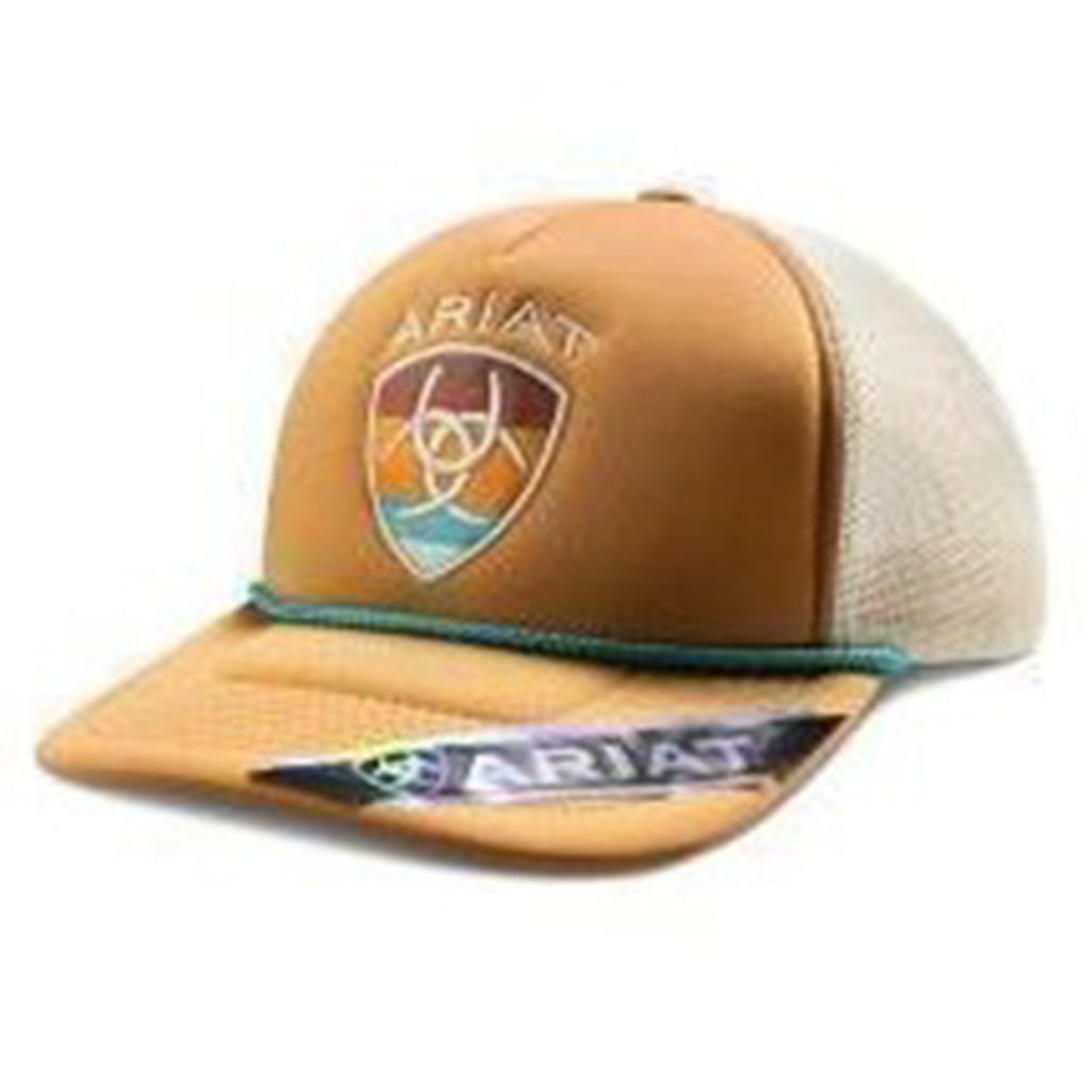 Mustard colored cap with tq rope and serape ariat logo.