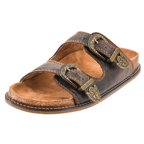 Front and side view of espresso crinkle sandals. 