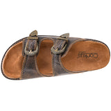 Top side view of espresso crinkle sandals. 