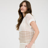 Women's Taupe Stripe Crochet Short Sleeve
