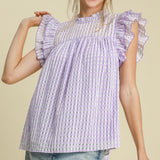 Lavender Checkered Seersucker Ruffle Top with Double Flutter Sleeve