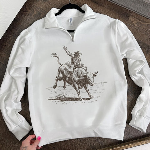 White quarter zip sweatshirt with grey vintage bull rider printed on the front. 