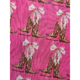 Close up of the Brown Boots and Pink Bows on Pink Mesh Top