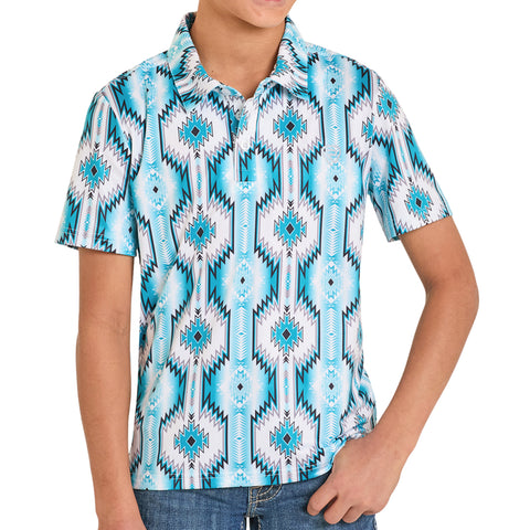 Boys white & turquoise aztec short sleeve polo
