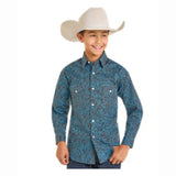 Boy wearing an aqua paisley print long sleeve shirt