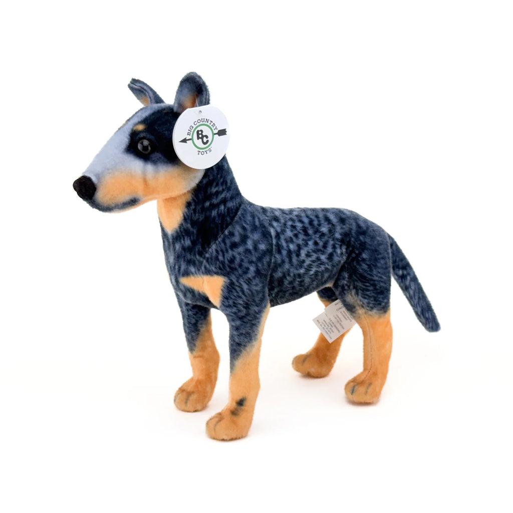Standing blue heeler plush toy.