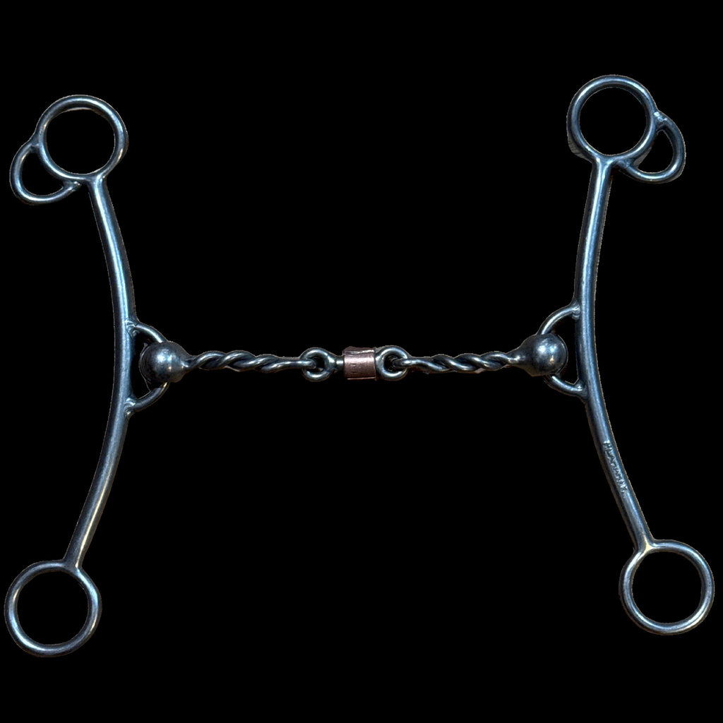 Big Duke shank with twisted wire dogbone mouthpiece on black background.