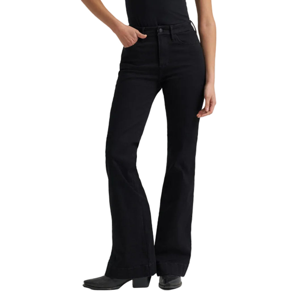 Model wearing the Wrangler Black Savanah Bespoke Trouser Jeans, front view showing the tailored trouser silhouette, premium black denim, and polished Western fit.