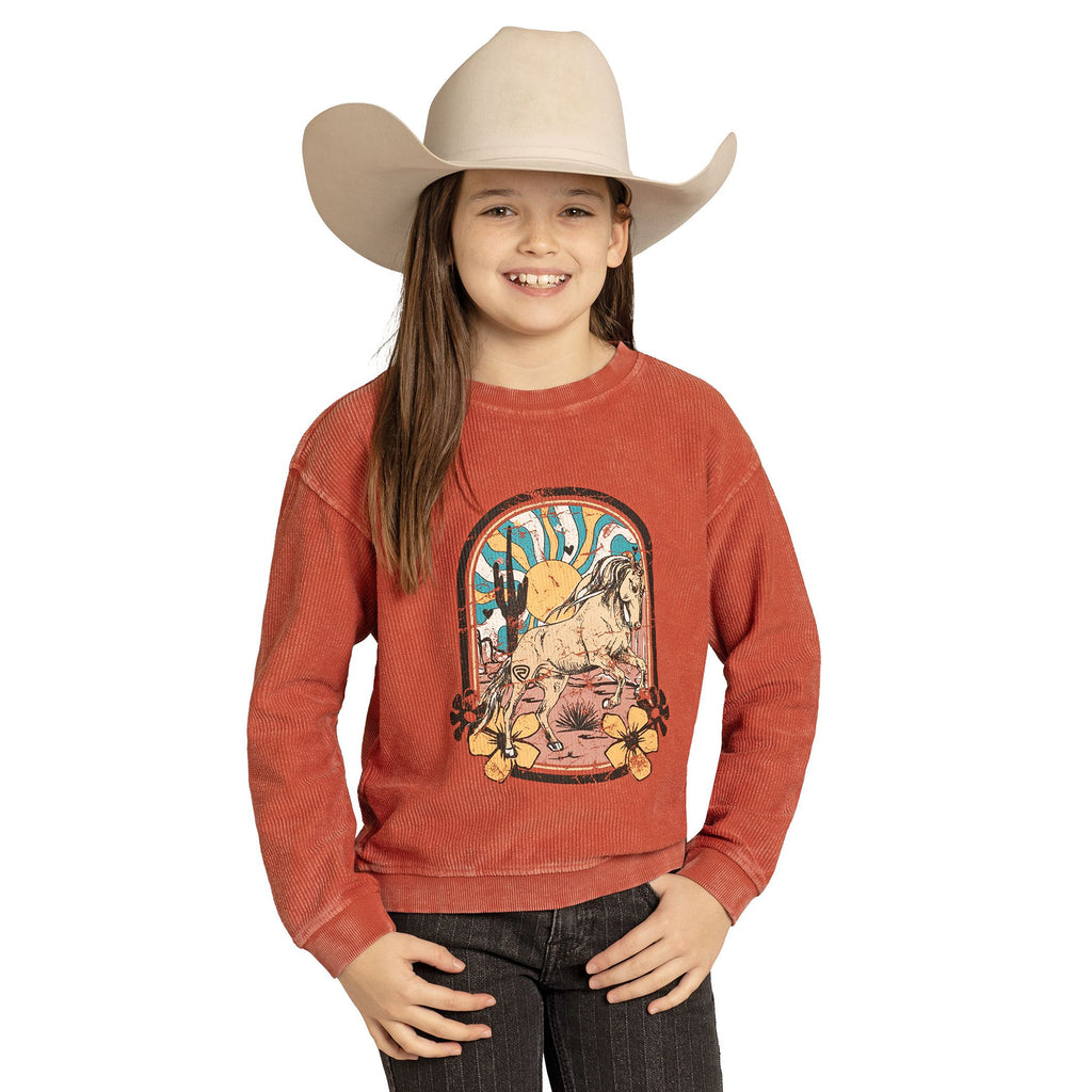 Rock & Roll Girls Western Horse Graphic Ribbed Pullover – Mahogany Red