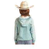 Rock and Roll Youth Girls Contrasting Sleeves Hoodie in Aqua & Aztec Pattern back view