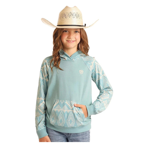 Rock and Roll Youth Girls Contrasting Sleeves Hoodie in Aqua & Aztec Pattern