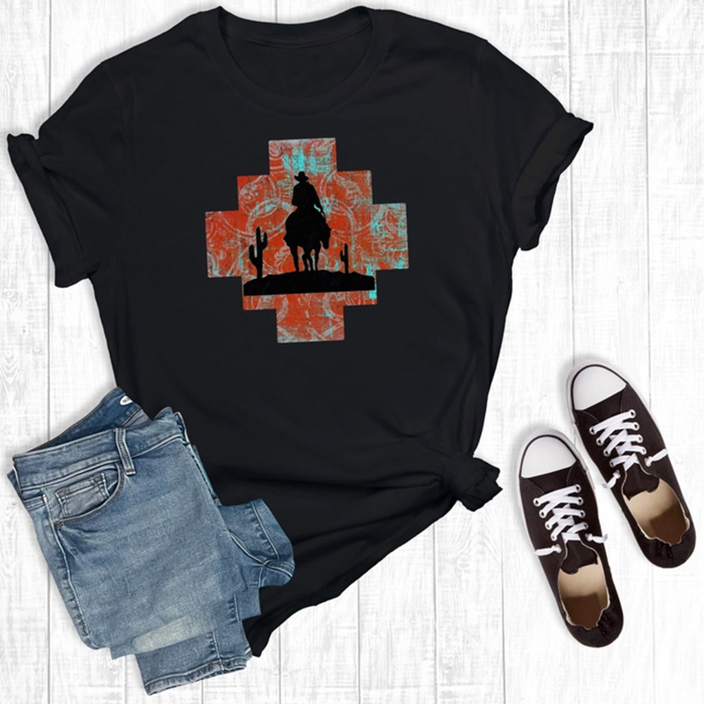 Black Graphic tee with Red Aztec Horse Riders Scene
