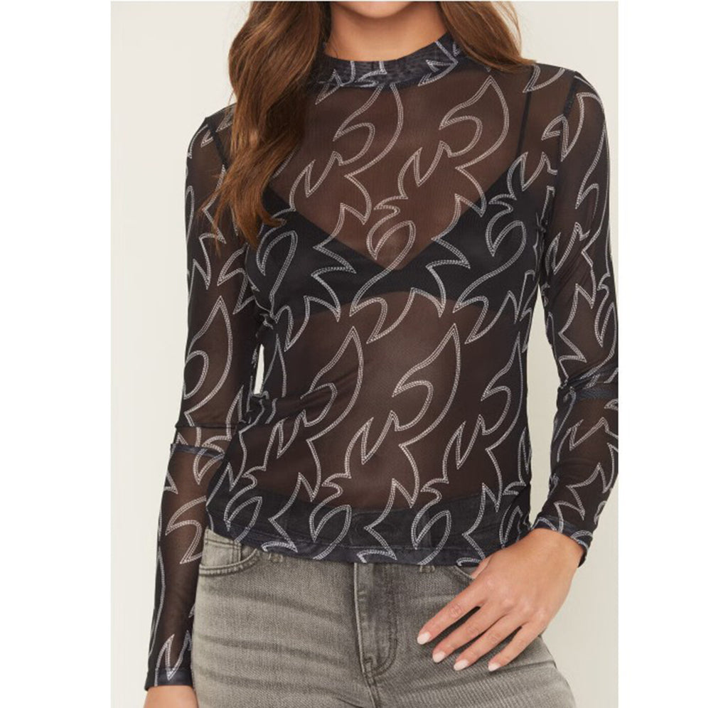 Front View of Black Boot Stitch Mesh Long Sleeve