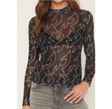 Front View of Black Boot Stitch Mesh Long Sleeve