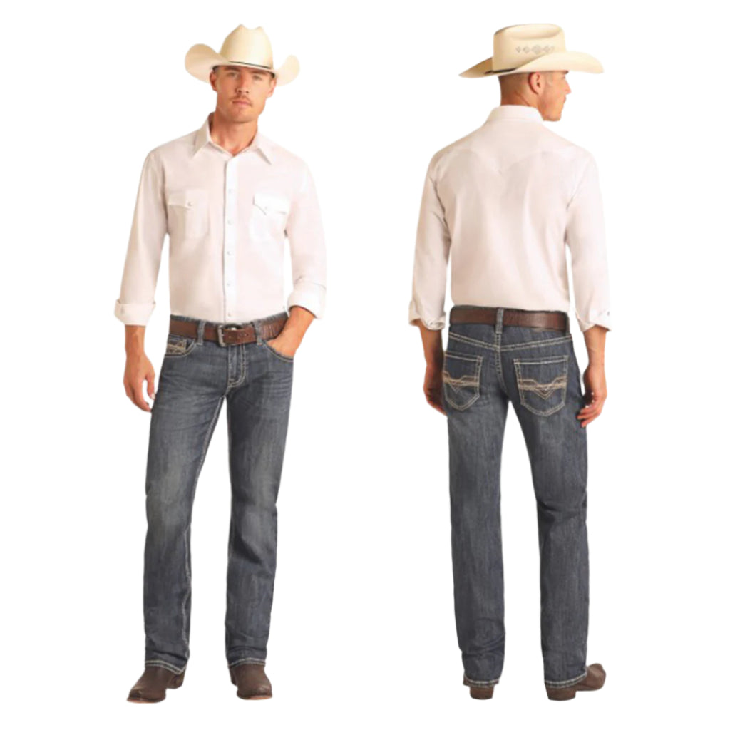 Dark Vintage Straight Leg Jean with Raised Denim Embroidery