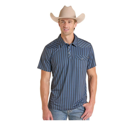 Rock & Roll Denim Men's Blue Mesa Stripe Short Sleeve Western Vented Polo Shirt
