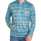 Turquoise, brown pullover  and white Aztec print that has a pouch pocket, hood, and hood strings. 