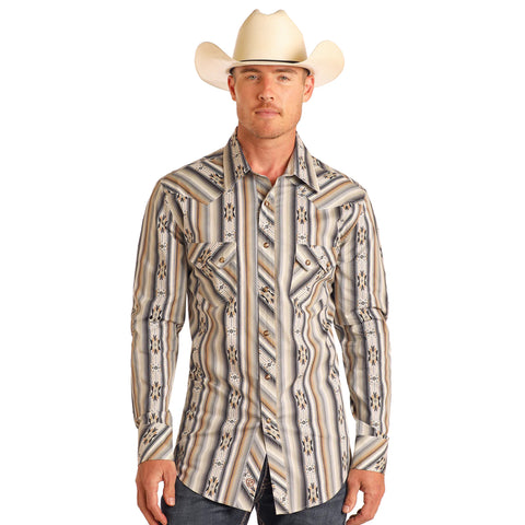 Cream Multi-Southwest Aztec Long Sleeve Snap Button Up
