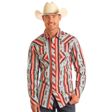 Red and Turquoise Southwest Style Pearl Snap Double Pocket Long Sleeve Button Up