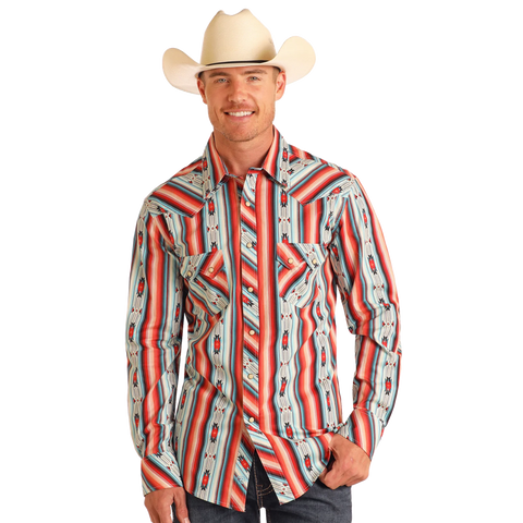 Red and Turquoise Southwest Style Pearl Snap Double Pocket Long Sleeve Button Up