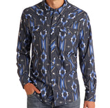 Black pearl snap shirt with navy blue and grey Aztec print and double chest pockets. 