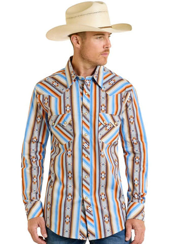  Long Sleeve with Cream - Orange - Blue Vibrant Aztec Print Pearl Snaps Double Pockets with snaps