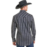 mens black & white striped long sleeve shirt with white snap front