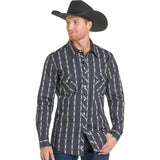 mens black & white striped long sleeve shirt with white snap front
