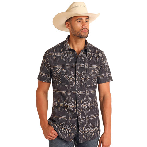 Black and Brown Aztec Short Sleeve Button Up Shirt with Double Chest Pockets