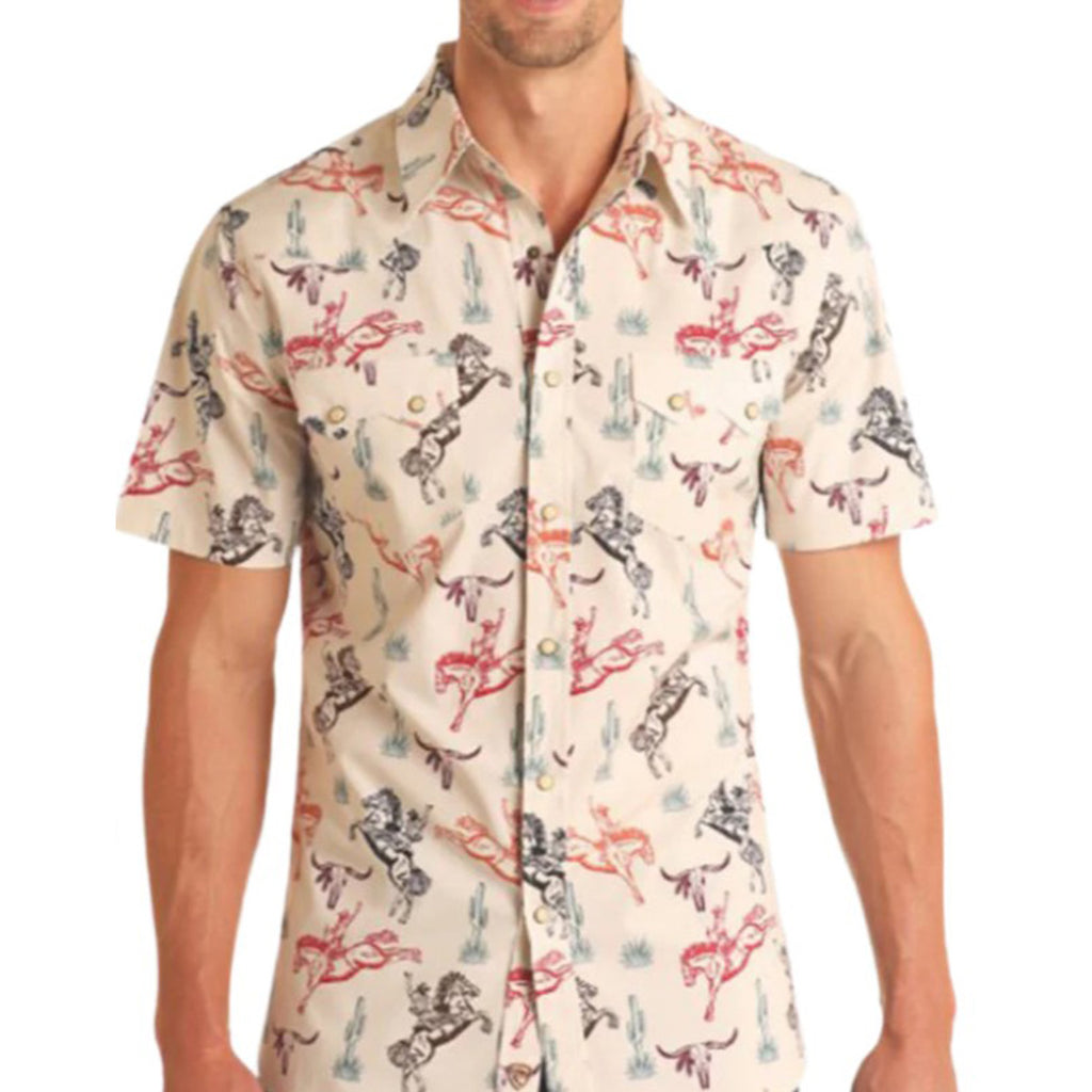 Cream Short Sleeve Shirt with Broncs and Skulls