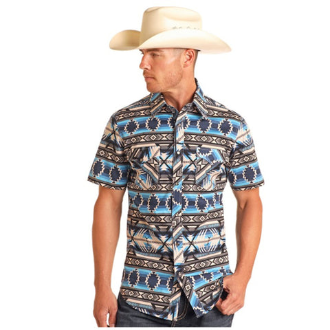 Blue and Cream colored Aztec Button Down Short Sleeve