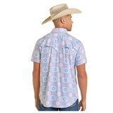 Men's Blue and Coral Aztec Print Snap Shirt