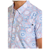 Men's Blue and Coral Aztec Print Snap Shirt